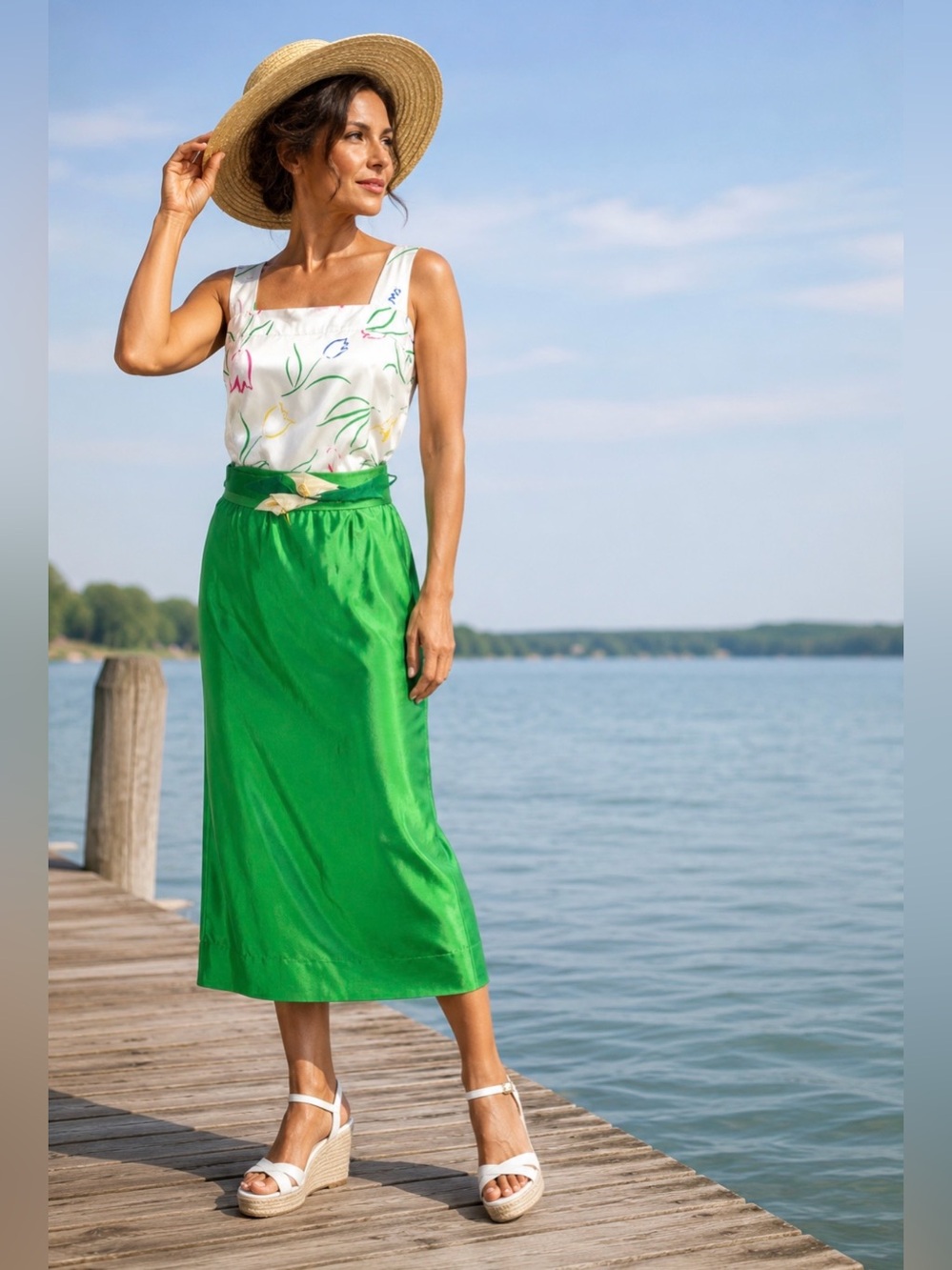 Vintage Green Satin Midi Skirt Set Floral Top & Floral Appliqués Statement Belt